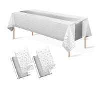 CAZSYSDD Confezione da 4 tovaglie in plastica usa e getta 137 x 274 cm e runner da tavola in raso, tovaglie per feste, coriandoli argentati a pois per compleanni (White Silvery+Silvery Table Runner)