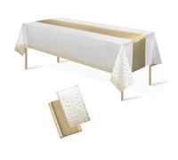 CAZSYSDD Confezione da tovaglie in plastica usa e getta 137 x 274 cm e runner da tavola in raso, tovaglie per feste, coriandoli a pois dorati, per compleanni (White Gold+Gold TR, 1Pack)