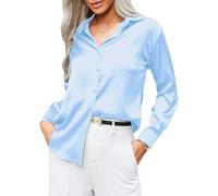 CB-COLEBROOK Camicie da donna a maniche lunghe in seta satinata morbida seta per lavoro, Azzurro, XL