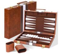 Cbilzxer Backgammon Portatile 18 Pollici con Custodia in Ecopelle - Set da Viaggio Elegante, 30 Pedine + 4 Dadi - Gioco Classico Regalo per Adulti (Marrone) (18 pollici)