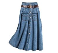 CBLdF Gonna Lunga Jean Gonna Primavera-Estate Femminile di Moda per Pendolare A Cintura A Petto Singolo in Denim-Blu-XXXL