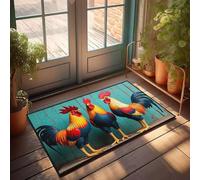 CBRT Divertente zerbino con tre galli colorati in piedi davanti a una recinzione in legno, zerbino invernale per esterni e casa dolce (40 x 60 cm)