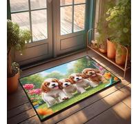 CBRT Divertente zerbino decorativo per la casa con quattro adorabili cuccioli che giocano in un giardino fiorito, zerbino invernale per esterni e casa dolce (65 x 90 cm)