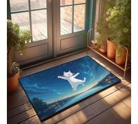 CBRT Divertente zerbino decorativo per patio con gatto bianco felice che galleggia nel cielo notturno sopra un lago sereno, tappetino impermeabile per porta d'ingresso (40 x 60 cm)