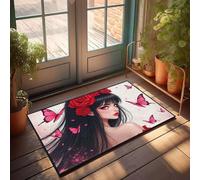 CBRT Grande zerbino per interni con una donna ornata con rose rosse, circondata da farfalle rosa, zerbino, portico anteriore, decorazione autunnale, zerbino per casa da sola (65 x 90 cm)