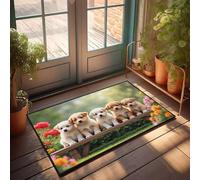 CBRT Tappetino autunnale per esterni per porta d'ingresso, cinque adorabili cuccioli seduti su una panca in legno circondati da fiori colorati, zerbino di benvenuto per porta d'ingresso e decorazione