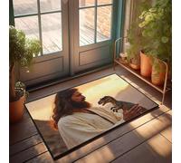 CBRT Tappeto da portico per esterni, con scritta in inglese "A Person" che tiene un piccolo dinosauro giocattolo contro un tramonto, zerbino da bagno, divertente decorazione per esterni (65 x 90 cm)