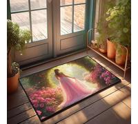CBRT Zerbino divertente con una donna in un vestito rosa cammina lungo un sentiero foderato con fiori, zerbino autunnale per esterni zerbino per scarpe da porta (65 x 90 cm)