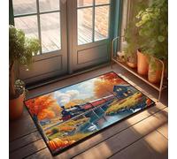 CBRT Zerbino per porta d'ingresso, treno a vapore che attraversa il ponte autunnale con cigni nel fiume, zerbino per esterni decorazione per la stanza degli uomini (50 x 80 cm)