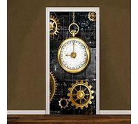 CBWRAW 3D Interne Adesivi Per Porte Orologio Con Ingranaggi D'Oro Poster Murale Soggiorno Camera Da Letto Bagno Pvc Autoadesivo Impermeabile Rimovibile Adesivo D'Arte Complementi Arredo Casa 77x200cm