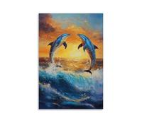 CBWVUWHJW Dipinto ad olio con animali - Delfini al tramonto - Creature marine giocose che saltano tra le onde in calde tonalità dell'oceano, decorazione da parete alla moda, poster artistico da