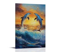 CBWVUWHJW Dipinto ad olio con animali - Delfini al tramonto - Creature marine giocose che saltano tra le onde in calde tonalità dell'oceano, decorazione da parete alla moda - Poster artistico da