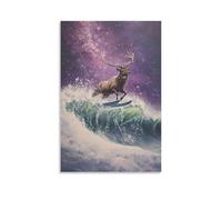 CBWVUWHJW Dipinto ad olio con animali di un cervo che fa surf onde innevate sotto i cieli illuminati dall'aurora, che brilla attraverso un campo viola polveroso. Decorazione da parete alla moda