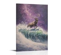 CBWVUWHJW Dipinto ad olio con animali di un cervo che fa surf onde innevate sotto i cieli illuminati dall'aurora, che brilla attraverso un campo viola polveroso. Decorazione da parete alla moda