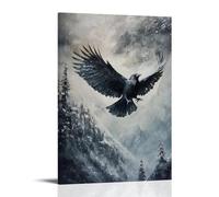 CBWVUWHJW Dipinto ad olio con animali di un corvo che fa surf correnti invisibili dell'aria di montagna, ali aperte su una tela di nebbia d'acciaio. Decorazione da parete alla moda, poster artistico
