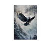 CBWVUWHJW Dipinto ad olio con animali di un corvo che fa surf correnti invisibili dell'aria di montagna, ali aperte su una tela di nebbia d'acciaio. Decorazione da parete alla moda, poster artistico