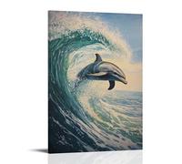 CBWVUWHJW Dipinto ad olio con animali di un delfino che scaglia attraverso colossi tubi da surf, delineato contro un morbido mare mattutino di cobalto. Decorazione da parete alla moda, poster