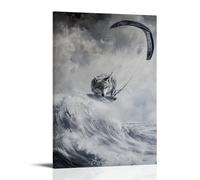 CBWVUWHJW Dipinto ad olio con animali di un lupo kite-surf attraverso mari tempestosi selvaggi, striature sotto un cielo grigio argento lunatico. Decorazione da parete alla moda, poster artistico da