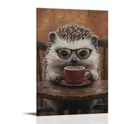 CBWVUWHJW Dipinto ad olio con animali di un riccio che sorseggia cacao caldo a un tavolo rustico da bar, occhiali che scivolano da un naso minuscolo. Decorazione da parete alla moda, poster artistico