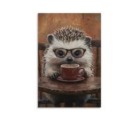 CBWVUWHJW Dipinto ad olio con animali di un riccio che sorseggia cioccolata calda a un tavolo da caffè rustico, occhiali che scivolano da un naso minuscolo. Decorazione da parete alla moda, poster