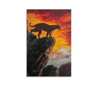 CBWVUWHJW Dipinto ad olio con animali di una pantera che naviga su scogliere rocciose in montagna Freerunning, retroilluminato contro un cielo di fuoco al tramonto. Decorazione da parete alla moda