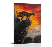 CBWVUWHJW Dipinto ad olio con animali di una pantera che naviga su scogliere rocciose in montagna Freerunning, retroilluminato contro un cielo di fuoco al tramonto. Decorazione da parete alla moda