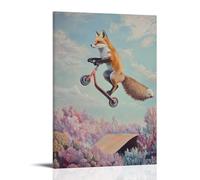 CBWVUWHJW Dipinto ad olio con animali di una volpe che lancia un monopattino sopra le colline di rampa, che vola sopra un morbido paesaggio di corallo pastello. Decorazione da parete alla moda, poster
