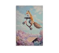CBWVUWHJW Dipinto ad olio con animali di una volpe che lancia un monopattino sopra le colline di rampa, che vola sopra un morbido paesaggio corallo pastello. Decorazione da parete alla moda, poster