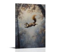 CBWVUWHJW Dipinto ad olio con animali di uno scoiattolo paracadutismo giù da cime degli alberi invisibili, galleggia su uno sfondo nebbioso di primavera. Decorazione da parete alla moda - Poster