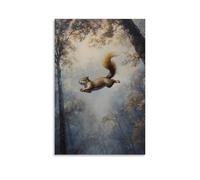CBWVUWHJW Dipinto ad olio con animali di uno scoiattolo paracadutismo giù da cime degli alberi invisibili, galleggia su uno sfondo nebbioso di primavera. Decorazione da parete alla moda - Poster