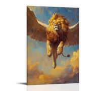CBWVUWHJW Dipinto ad olio con leone che vola attraverso i cieli della savana, pennello al tramonto che si fonde dietro il movimento dorato. Decorazione da parete alla moda, poster artistico da