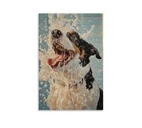 CBWVUWHJW Pittura a olio con animali di un cane che filtra vigorosamente, schiuma di gomma che riempie lo specchio del bagno con caos comico. Decorazione da parete alla moda, poster artistico da
