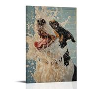 CBWVUWHJW Pittura a olio con animali di un cane che filtra vigorosamente, schiuma di gomma che riempie lo specchio del bagno con caos comico. Decorazione da parete alla moda, poster artistico da