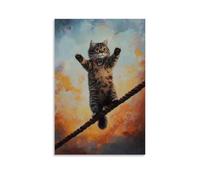 CBWVUWHJW Pittura ad olio con animali di un gatto che cavalca binari sul tetto come un artista dell'equilibrio, ambientato contro un cielo all'alba sbiadito. Decorazione da parete alla moda, poster