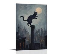 CBWVUWHJW Pittura ad olio con animali di un gatto che parcheggia sui tetti di mezzanotte, zampe che tracciano archi sotto un cielo grigio chiaro di luna vellutato. Decorazione da parete alla moda