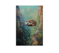 CBWVUWHJW Pittura ad olio con animali di un riccio con cerniera su un vivace canyon, catturato a metà volo su un morbido sfondo verde. Decorazione da parete alla moda, poster artistico da appendere e