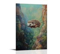 CBWVUWHJW Pittura ad olio con animali di un riccio con cerniera su un vivace canyon, catturato a metà volo su un morbido sfondo verde. Decorazione da parete alla moda, poster artistico da appendere e