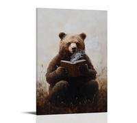 CBWVUWHJW Poster artistico da appendere con stampa di un orso che legge ricette mentre sorseggia un espresso, incorniciato sotto un campo nebbioso marrone moka. Decorazione da parete alla moda, poster
