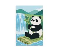 CBWVUWHJW Poster con animali, panda seduto su una zattera di bambù alla deriva verso una cascata, tiene bambù e spruzzi d'acqua, decorazione da parete alla moda, poster artistico da appendere e murale