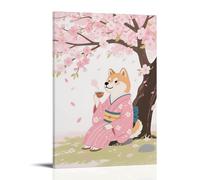 CBWVUWHJW Poster con animali, Shiba Inu in kimono seduto sotto un albero di ciliegio che beve il tè, decorazione da parete alla moda, poster artistico da appendere e murale 40 x 60 cm