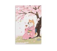 CBWVUWHJW Poster con animali, Shiba Inu in kimono seduto sotto un albero di ciliegio che beve il tè, decorazione da parete alla moda, poster artistico da appendere e murale 30 x 45 cm