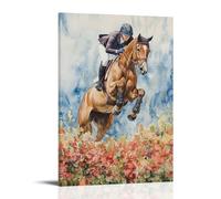 CBWVUWHJW Poster sportivo con spettacolo equestre ad acquerello che salta sopra siepe floreale, decorazione da parete, poster artistico da appendere e murale 50 x 75 cm