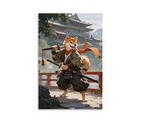 CBWVUWHJW Shiba Inu antropomorfo in abiti samurai, con una lunga spada sul ponte, vento che soffia la sciarpa, decorazione da parete alla moda - poster artistico da appendere e murale 50 x 75 cm