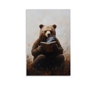 CBWVUWHJW Stampa artistica da appendere con stampa di un orso che legge ricette mentre sorseggia un espresso, incorniciato sotto un campo nebbioso marrone moka. Decorazione da parete alla moda, poster