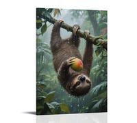 CBWVUWHJW Un bradipo pende a testa in giù su una vite della foresta pluviale tropicale, artigli che afferrano un mango, gocce di pioggia che scivolano lungo la pelliccia, decorazione da parete alla