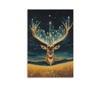 CBWVUWHJW Un cervo notturno che si libra sopra le praterie, stelle riflesse in ogni punta di corna di cristallo, decorazione da parete alla moda, poster artistico da appendere e mural40 x 60 cm
