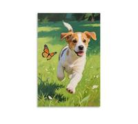 CBWVUWHJW Un cucciolo insegue una farfalla, che corre attraverso il prato, decorazione da parete alla moda - poster artistico da appendere e mural24 x 36 pollici (60 x 90 cm)