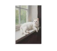CBWVUWHJW Un gatto bianco giace sul davanzale della finestra, una zampa sopra il bordo decorazione da parete alla moda - poster artistico da appendere e mural24 x 36 pollici (60 x 90 cm)