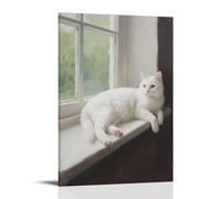 CBWVUWHJW Un gatto bianco giace sul davanzale della finestra, una zampa sopra il bordo decorazione da parete alla moda - poster artistico da appendere e mural24 x 36 pollici (60 x 90 cm)