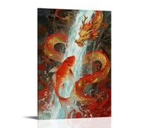 CBWVUWHJW Un pesce koi che salta contro la corrente attraverso una cascata, squame scintillanti, con l'ombra di un drago nascosta nella nebbia, decorazione da parete alla moda - poster artistico da
